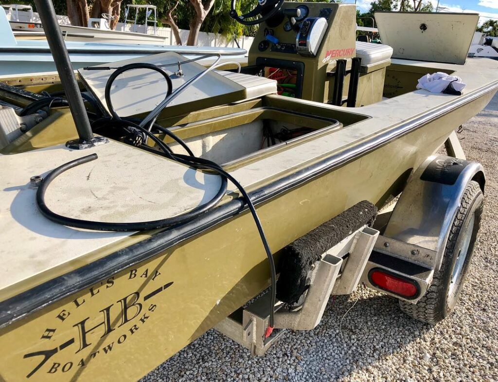 Some call us the “monster garage” for skiffs.. Here is one of two Hell’s Bay’s t