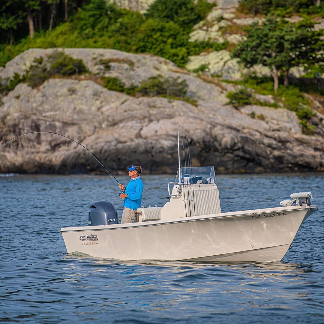 Capt Neal on his brand new Jones Brothers 20’ Cape Fisherman hooked up to a stri